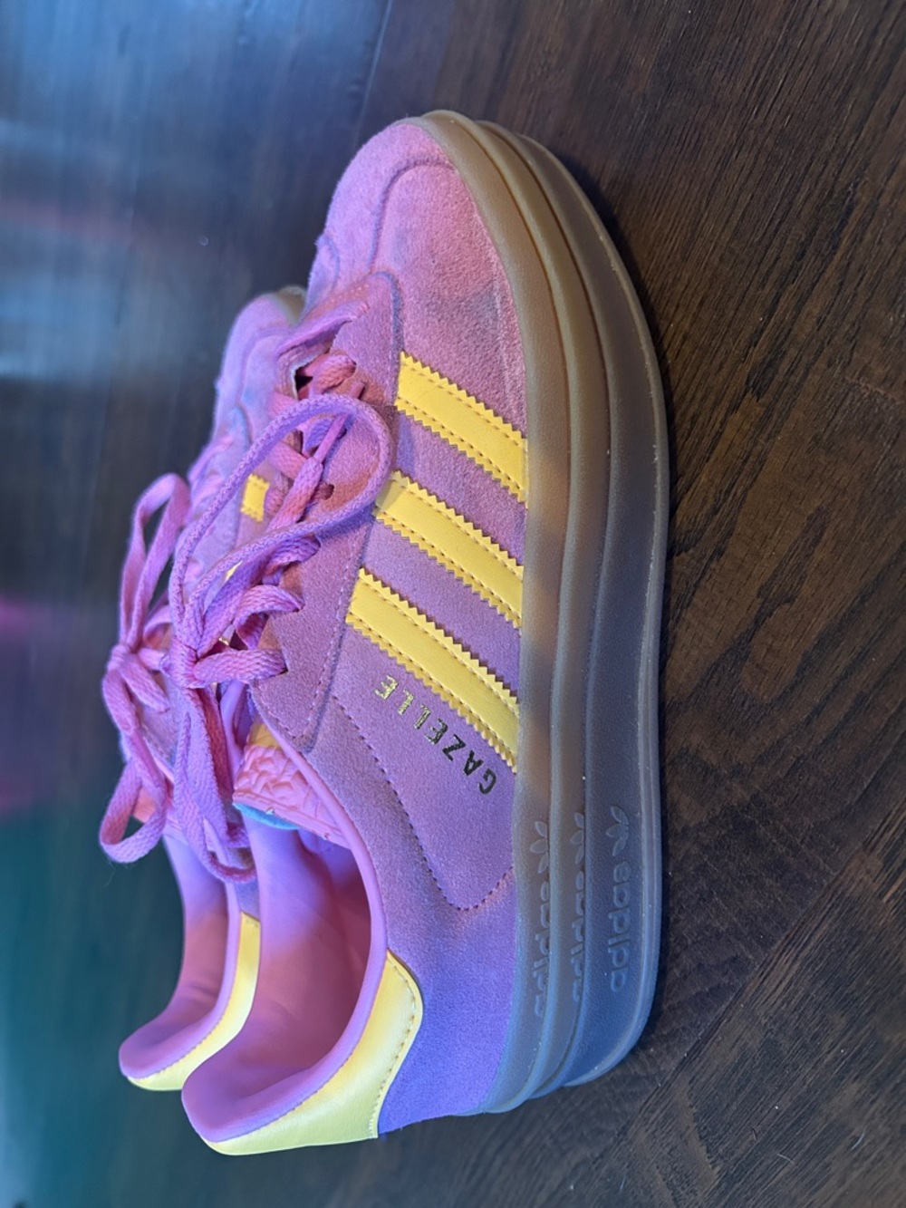 adidas Pink Suede Gazelle Sneakers with Yellow Stripes